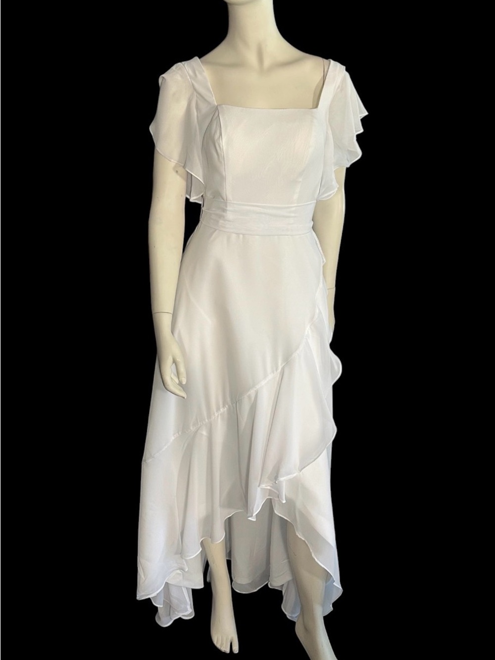 Monvelli Asymmetrical Hemline Chiffon Flutter Sleeve High Low Dress White Size 8